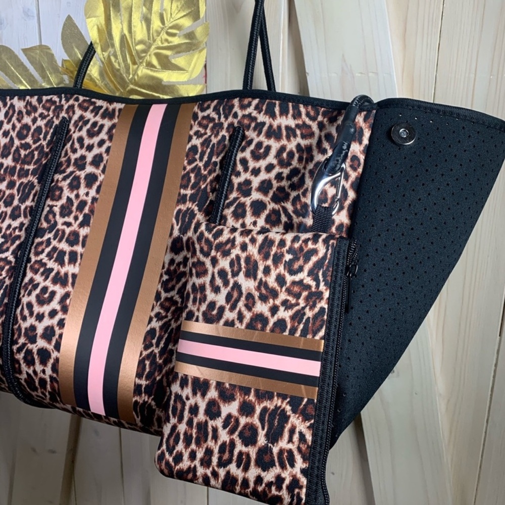 Cheetah Neoprene Tote waterproof light bag + pink & metallic bronze stripe